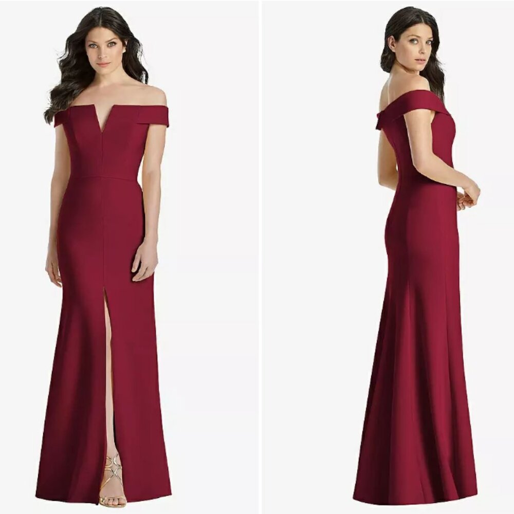 Dessy Collection Off-the-Shoulder Burgundy Trumpet Gown, 2R – Timeless Elegance!